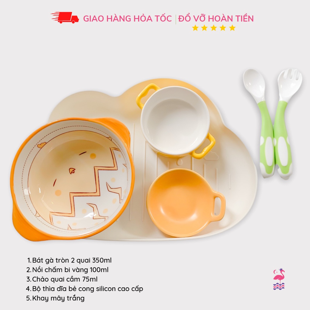 Bộ Bát Ăn Dặm Cho Bé Gốm Sứ Kiểu Nhật Từ 9 Tháng Ấm Gift &amp; Decor Gồm Khay PP5, Bát Lớn 400ml, Thìa Dĩa Bẻ Cong Silicon