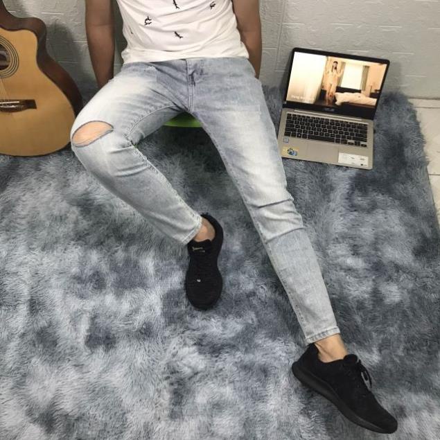 Quần jean nam XANH BẠC RÁCH GỐI cao cấp không xù lông, không ra màu, chất giãn tốt RGOI-DD-21 😍