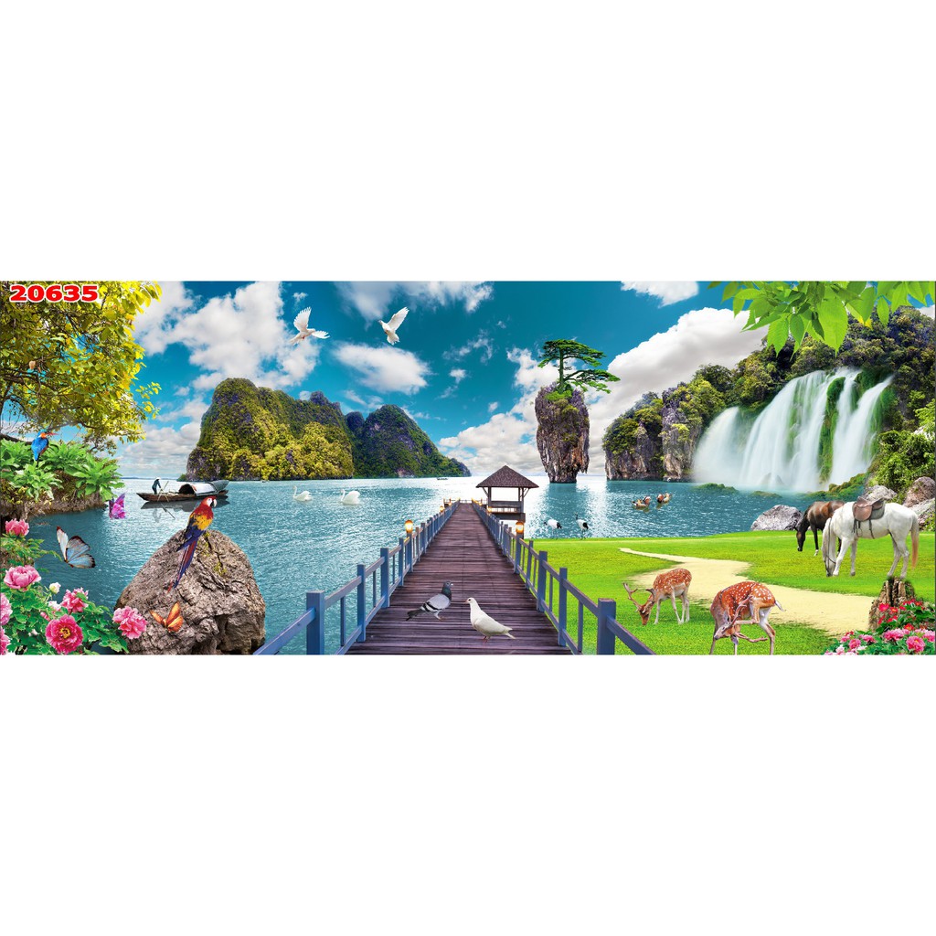 Tranh dán tường 3d phong cảnh thiên nhiên trang trí phòng khách chất liệu decal pp keo sẵn bóc dán atk2