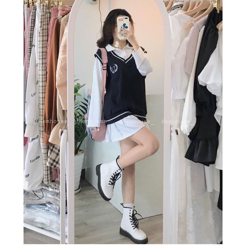 Set yếm đen học sinh gồm 2 món áo gile thêu viền kẻ, váy polo trắng đuôi cá kèm ảnh thật