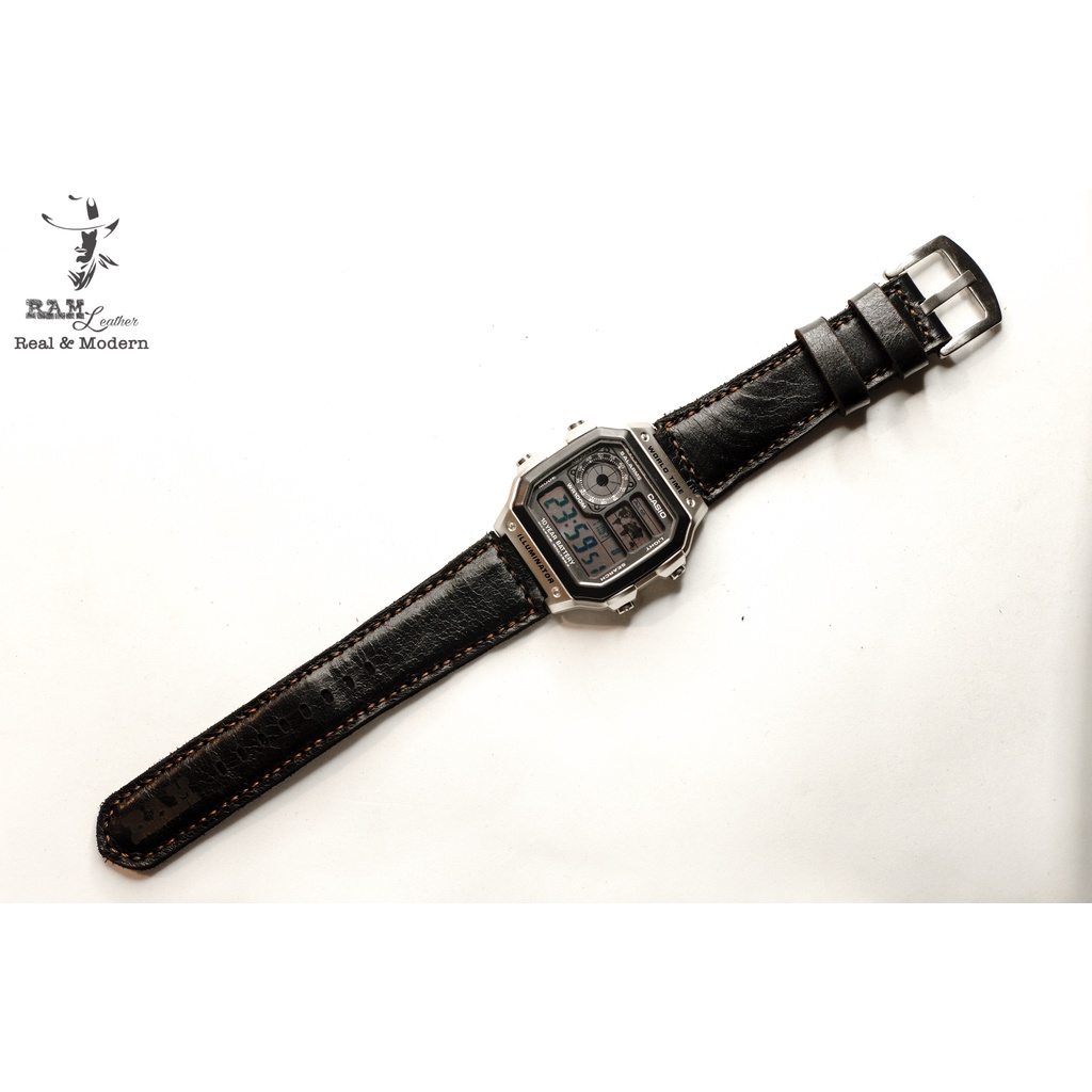 Dây đồng hồ RAM Leather cho CASIO 1200, AE 1200, 1300, 1100, A159 , A168 , Size 18 da bò đen tuyền