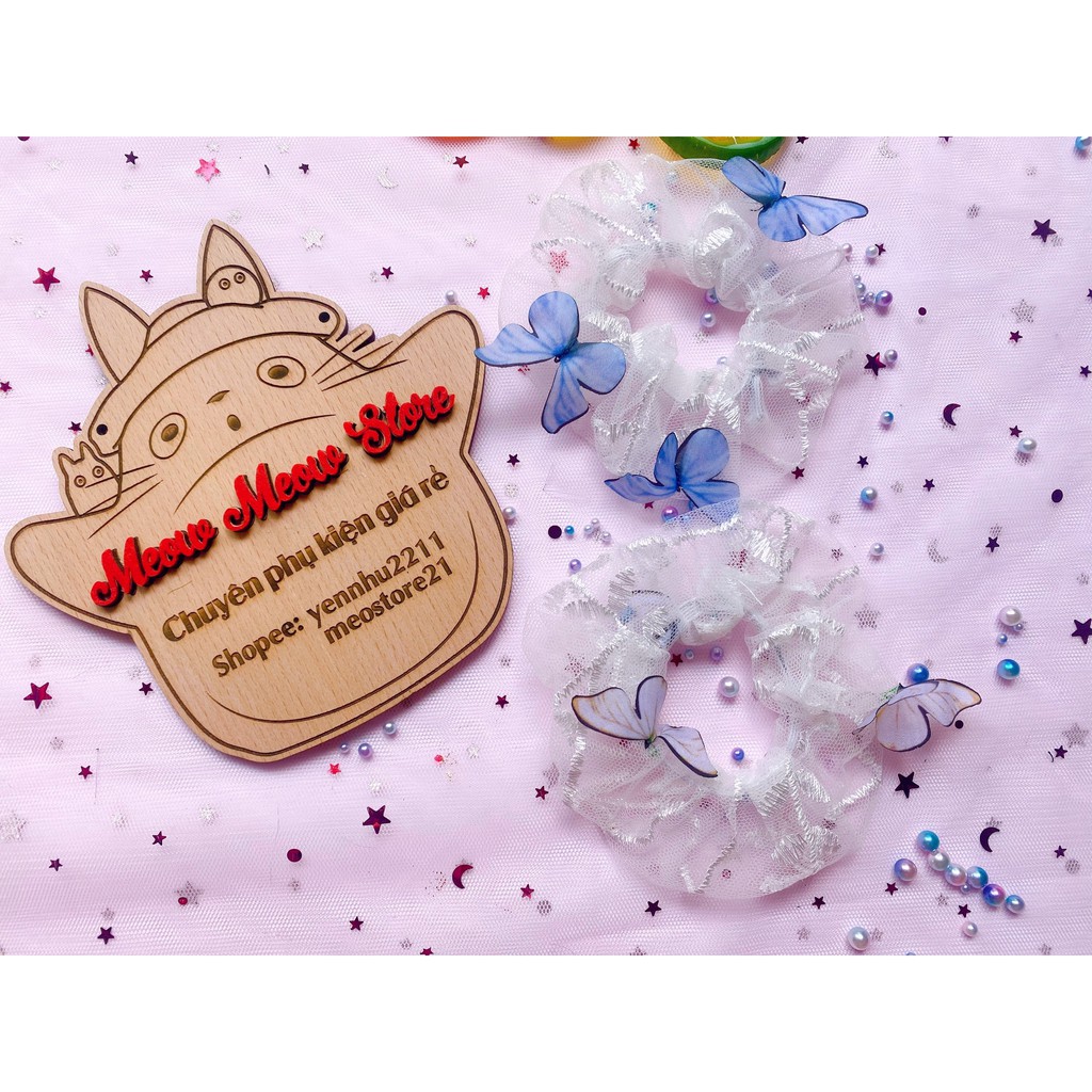 ❣Ảnh+Video thật❣Scrunchies Dây Cột Tóc Chun Tóc Bướm Vải Ren 1 Lớp Hot Trend