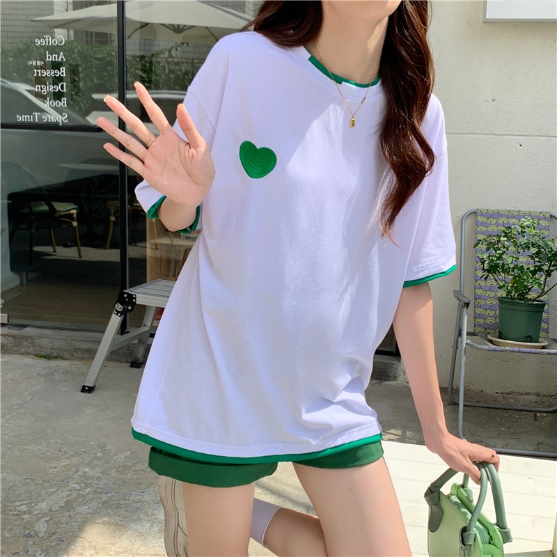 SUXI Summer Embroidery Simple Stitching All-match Street Style Round Neck Loose Casual Short Sleeve T-shirt Women