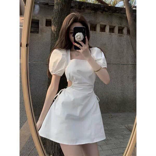 Váy Babydoll Trắng Dáng Xòe Tay Phồng Khoét Eo Hở Lưng Đan Dây Tiểu Thư Hàng Thiết Kế Cao Cấp Chất Đũi Xốp Trơn Lavie t