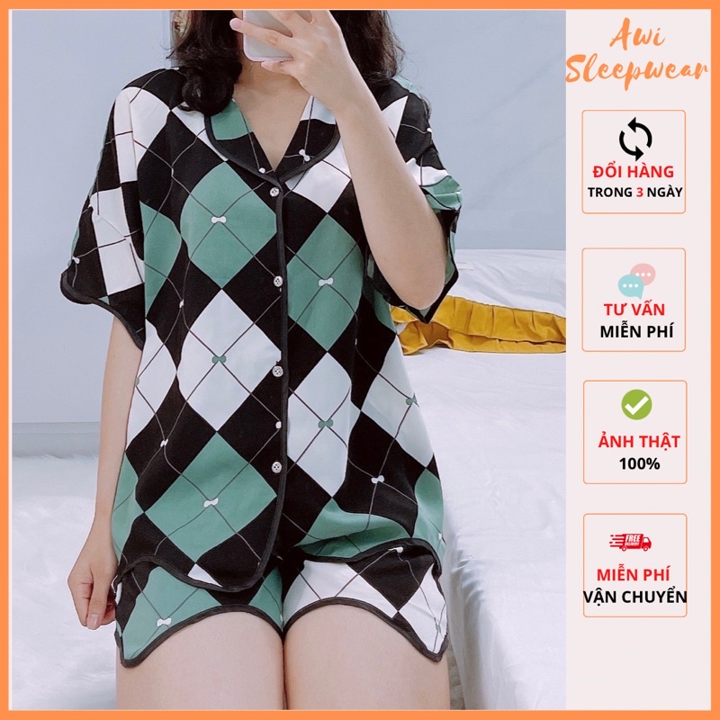 Bộ Pyjama Đùi Viền Sóng Lụa Mango Vic Nhiều Mẫu Xinh Xắn - Awi Sleepwear Pijama
