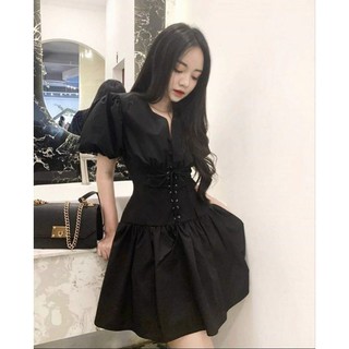 Đầm cổ V đan eo tay phồng