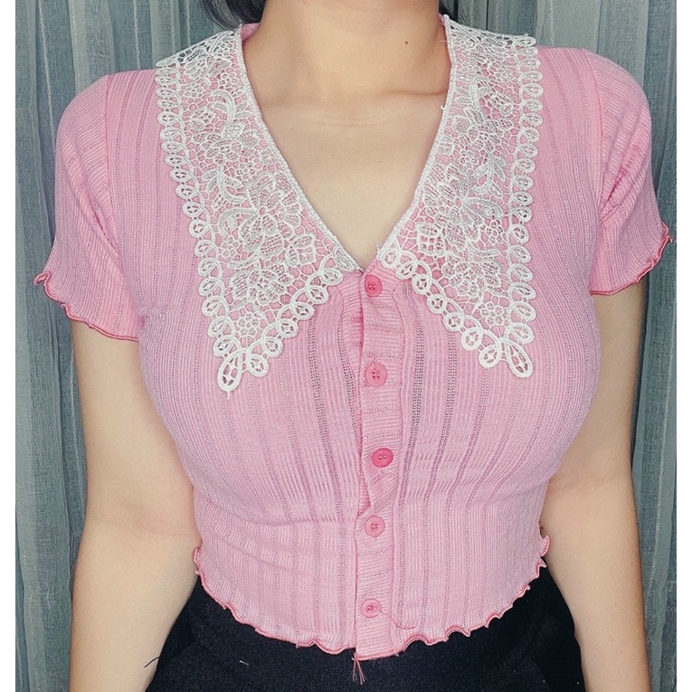 Áo cổ thuỷ thủ phối ren Uzzang xinh xắn chất thun gân nút giả - B5N