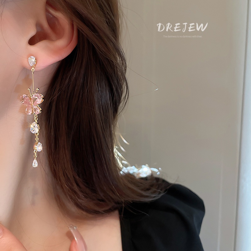 Khuyên tai DREJEW 1 tua rua dáng dài bằng bạc đính đá zircon sang trọng