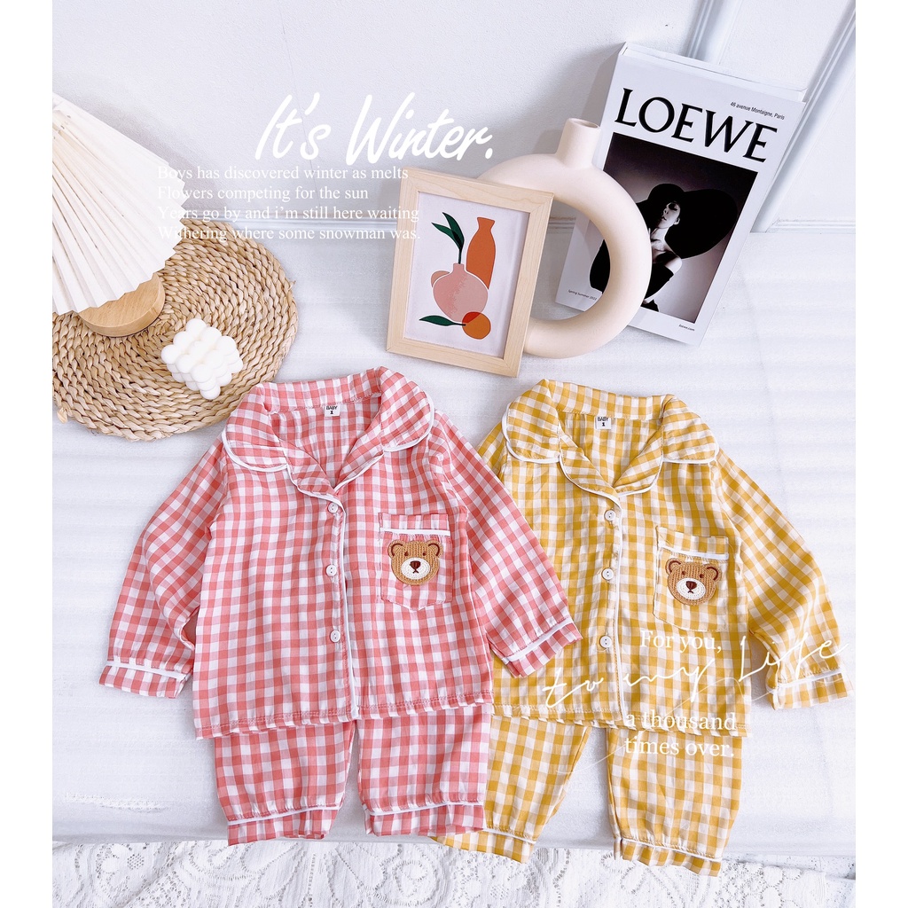 (9-30kg) Đồ bộ bé trai và đồ bộ bé gái pijama kẻ caro cộc tay và dài tay TB120 TN121 TB299