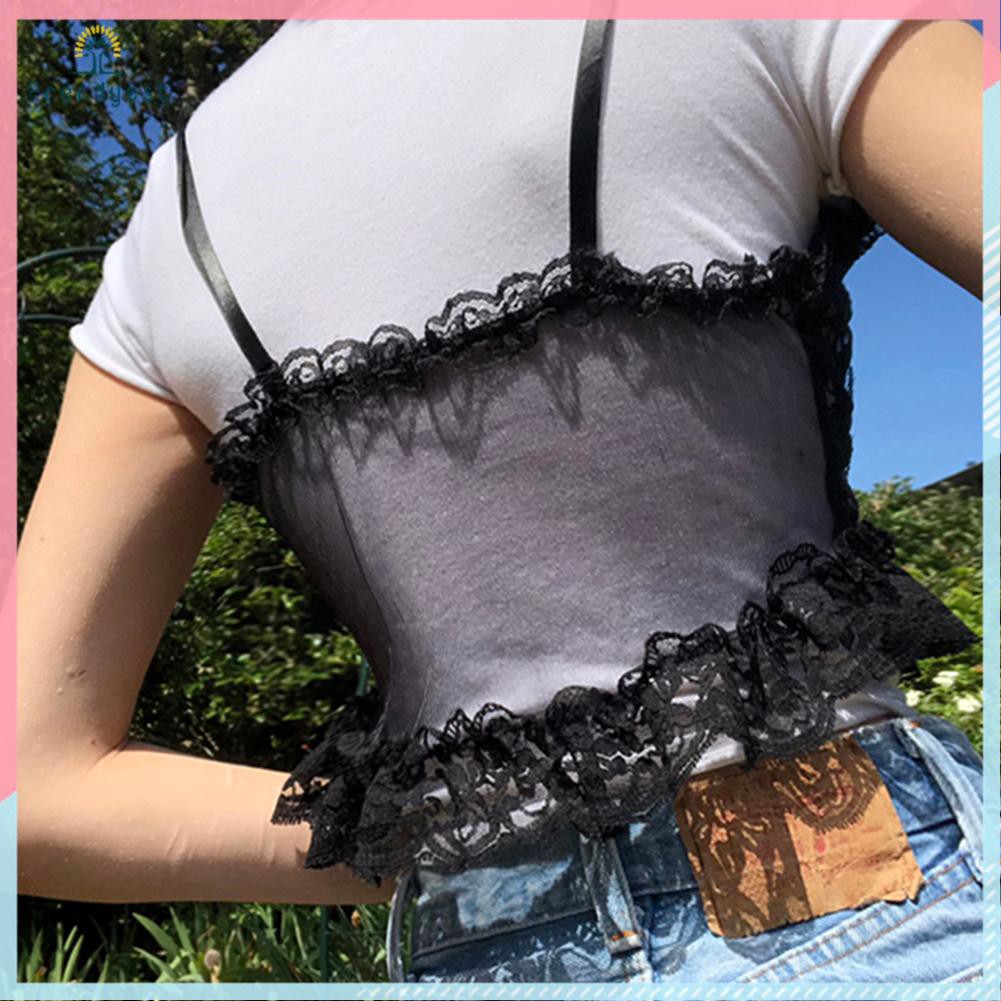 Áo Crop Top Phối Ren Lưới Xuyên Thấu Y2K