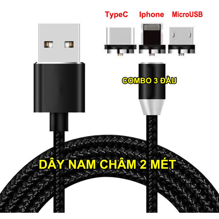 [2 mét + 3 đầu] Dây sạc nam châm 2 mét + 3 đầu kết nối Lightning MicroUSB TypeC