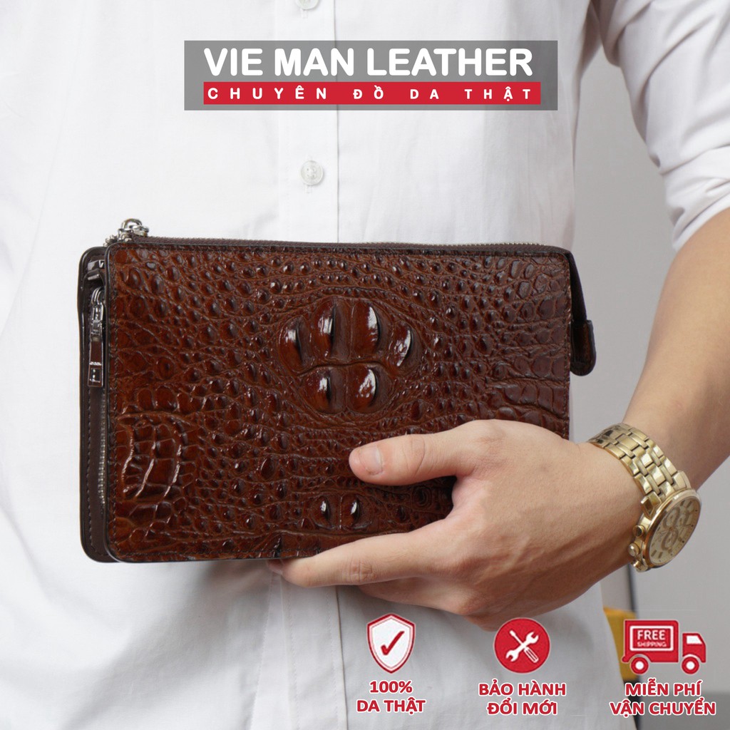 CLUTCH , VÍ DÀI CẦM TAY DA BÒ VÂN CÁ SẤU CAO CẤP - 1352527 - Da thật 100%