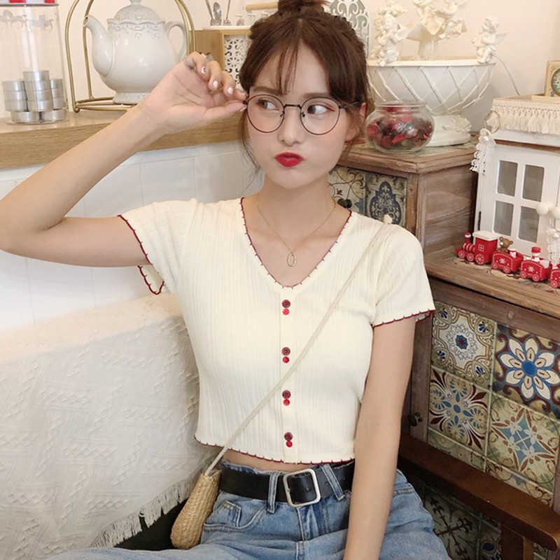 Áo Thun Dệt Kim Tay Ngắn Cổ Chữ V Phong Cách Hàn Quốc