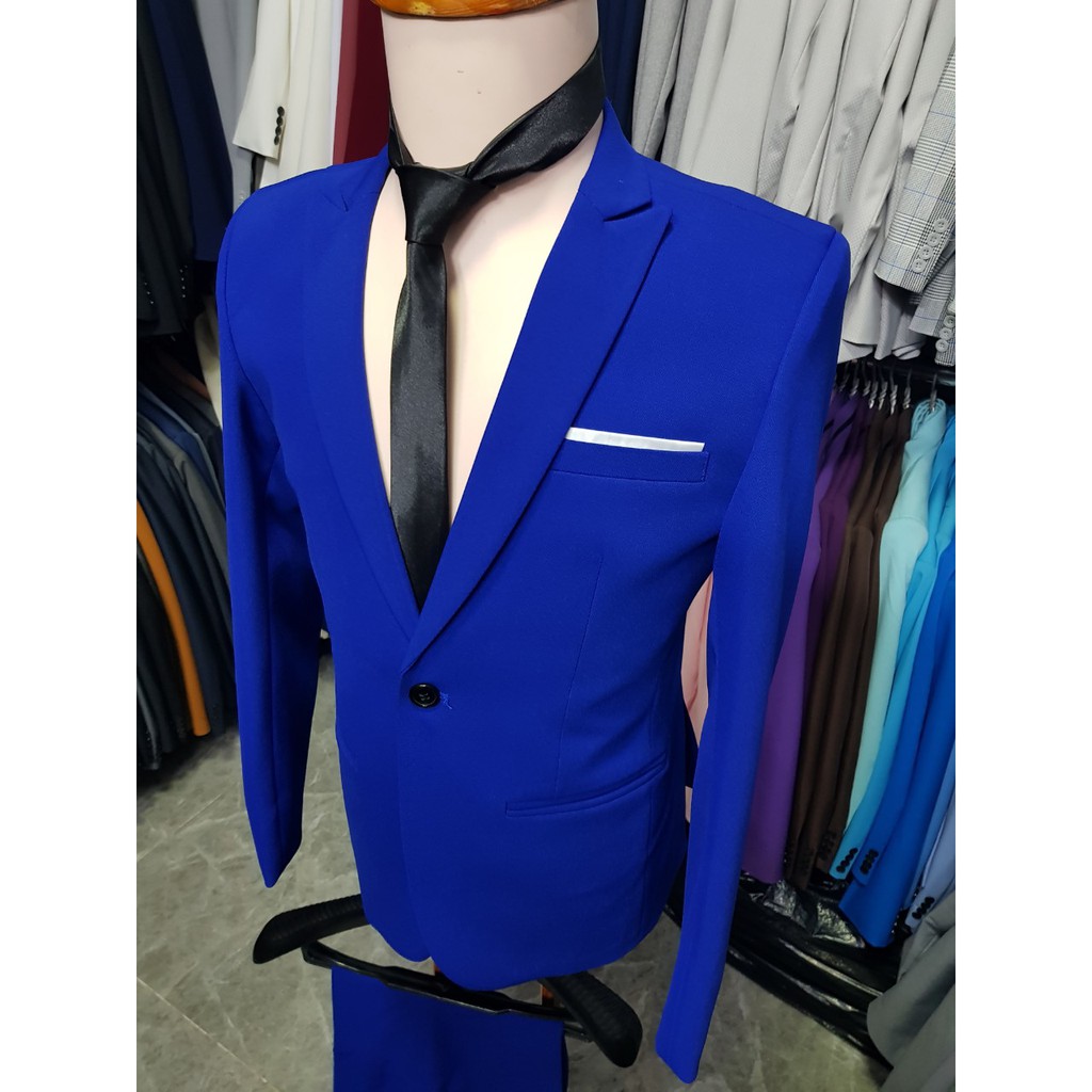 Bộ vest nam màu xanh coban cực chất cực dày mịn tặng kèm combo phụ kiện