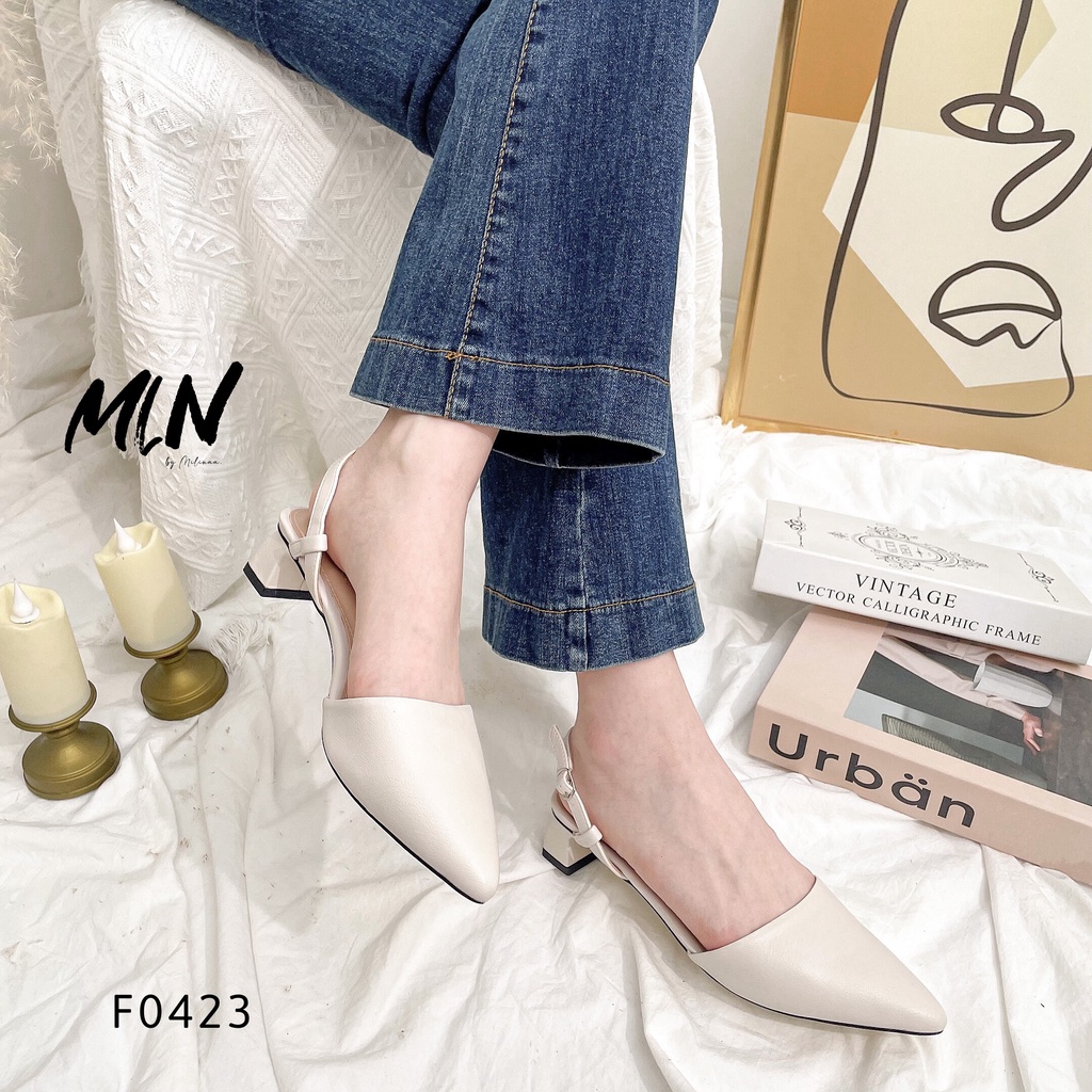 GIÀY SANDAL NỮ GÓT LÉP 4P SLINGBACK BÍT MŨI NHỌN TRƠN DA MỀM F0423