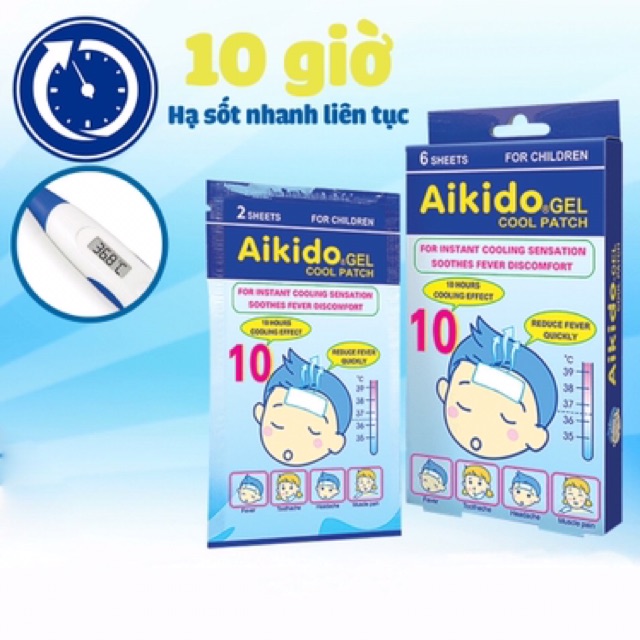 Miếng dán hạ sốt Aikido hộp 6 miếng, Giảm nóng sốt, đau răng, nhức đầu.