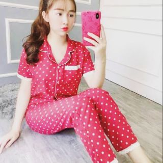 BỘ ĐỒ BỘ ÁO CÀI CÚC VÀ QUẦN DÀI CHẤM BI MÀU ĐỎ ,New 100%,chất đẹp đến từng đường may mũi chỉ