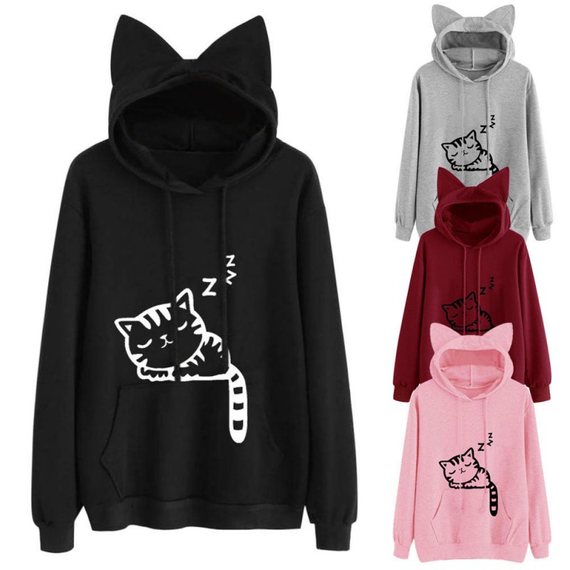 [Baywellfashion]Áo hoodie màu trơn nón tai mèo đáng yêu cho nữ