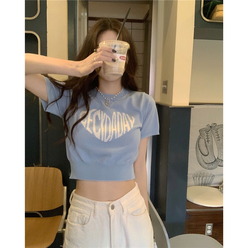 Cocory vn Áo Len Croptop Tay Ngắn Dáng Ôm In Chữ Và Trái Tim Cá Tính Thời Trang Mùa Hè Mới Cho Bạn Gái