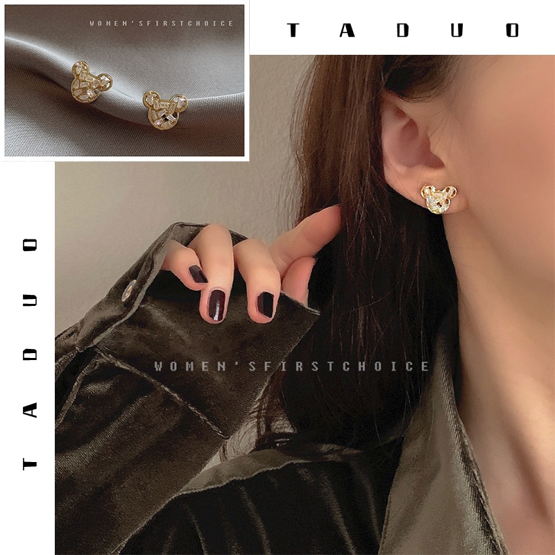 Đôi Bông Tai Mạ Bạc 925 Hình Chú Gấu Đính Đá Thời Trang Hàn Quốc Cho Nữ