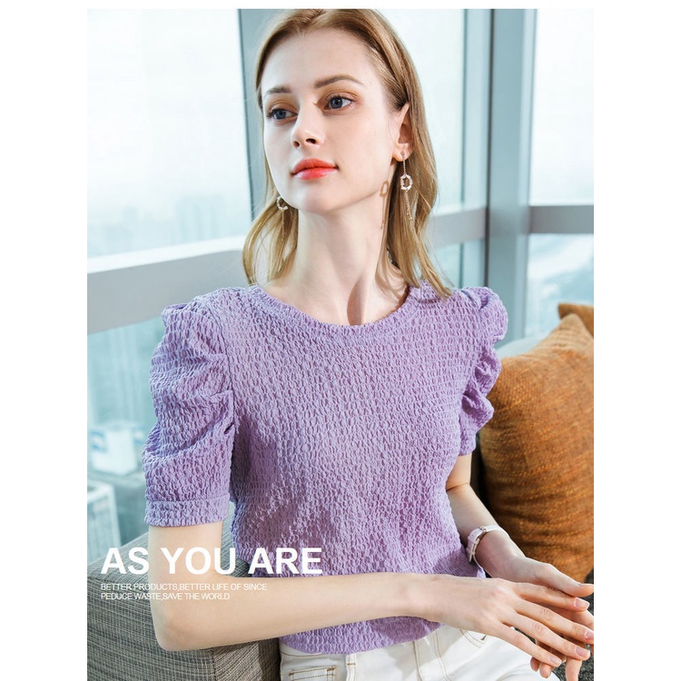 Áo Vải Voan Công Nghệ Cao Xếp Ly Dáng Rộng Tay Phồng Cổ Tròn Thời Trang Mùa Hè Hàng Mới Dành Cho Bạn Nữ