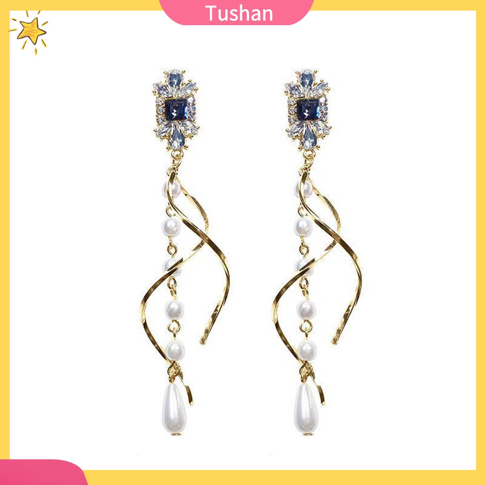 Khuyên tai dây thả xoắn dài đính đá ngọc trai giả thanh lịch