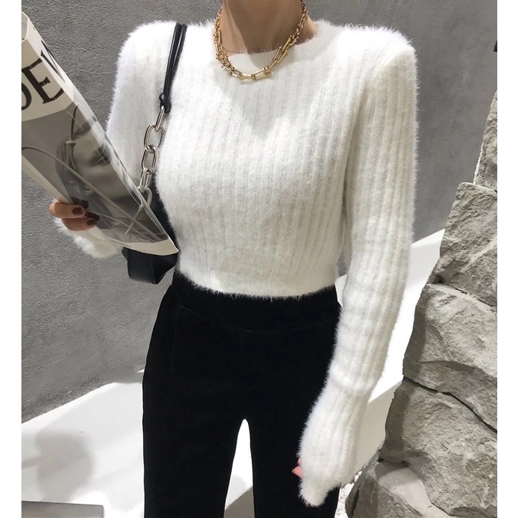 Áo Sweater Dệt Kim Tay Dài Cổ Tròn Vải Nhung Thời Trang Cho Nữ