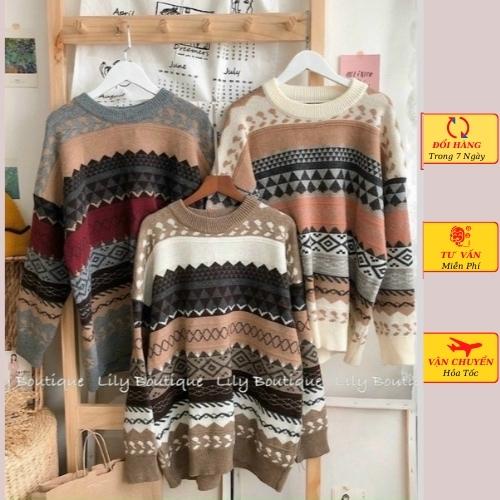 Áo len nữ vintage thổ cẩm dài tay oversize phom rộng ulzzang hàn quốc mùa thu đông