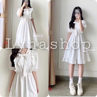🍉Đầm dự tiệc🍉Đầm thiết kế🍉 váy tiểu thư🍉 Đầm Nữ Vai Bèo Cộc Tay Buộc Nơ Váy Trắng  Dáng Xòe