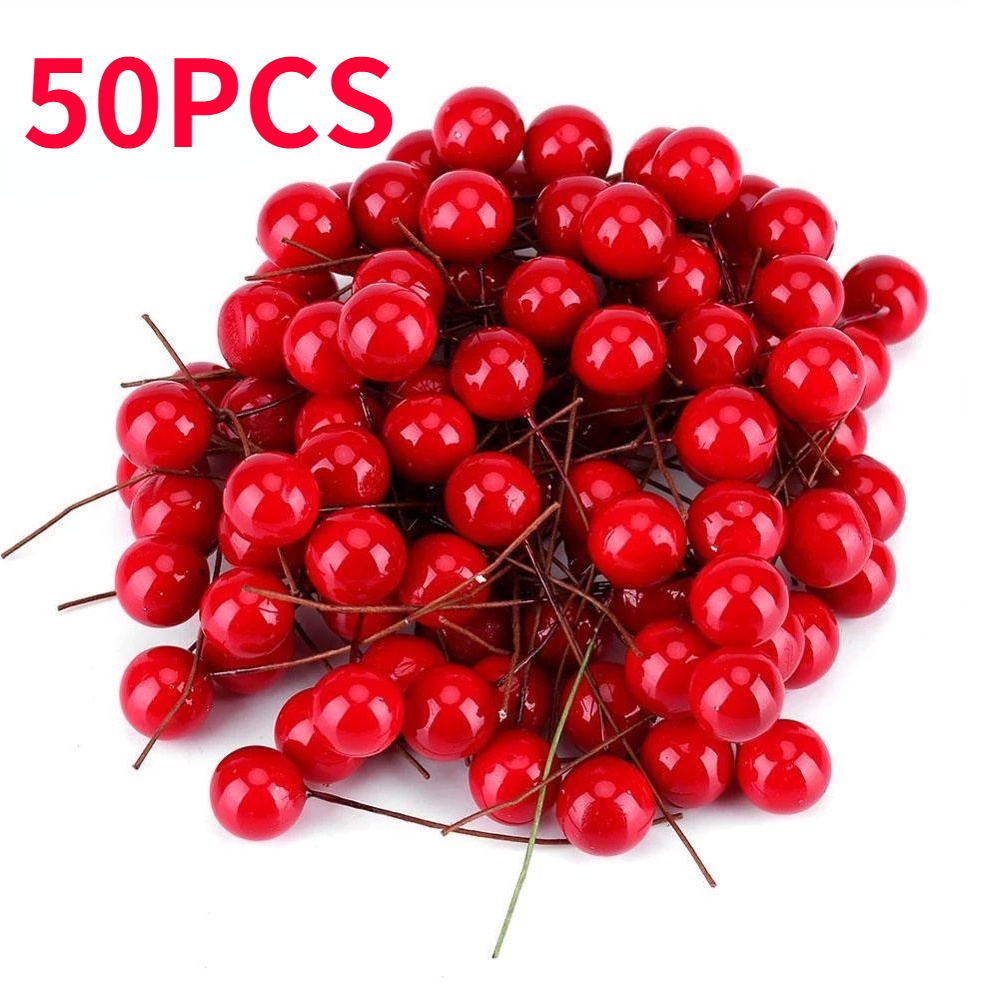 Set 50 Quả Mọng Mini Bằng Nhựa Màu Vàng / Bạc / Cherry / Cherry Trang Trí Cây Thông Giáng Sinh DIY
