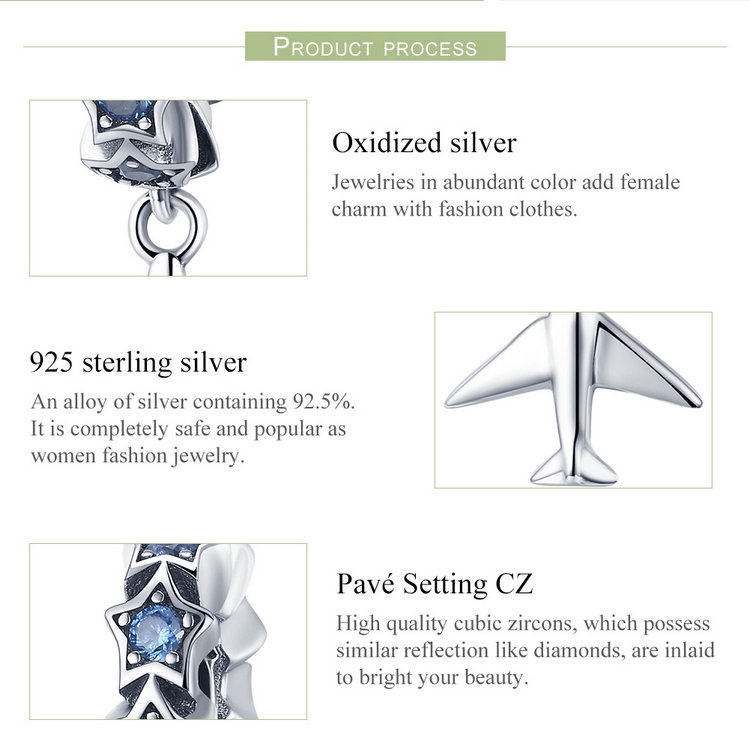 Hạt Trang Sức Bamoer Trang Trí Vòng Đeo Tay Hình Máy Bay Đính Đá Xanh Dương Bằng Bạc 925