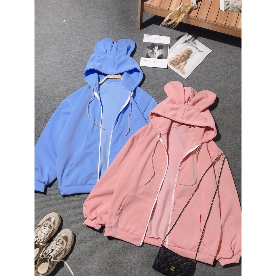 [ SẴN HÀNG ] Áo Khoác Nữ Tai Thỏ GẤU- Chất Vải Nỉ Cotton From Rộng Unisex Nón 2 Lớp