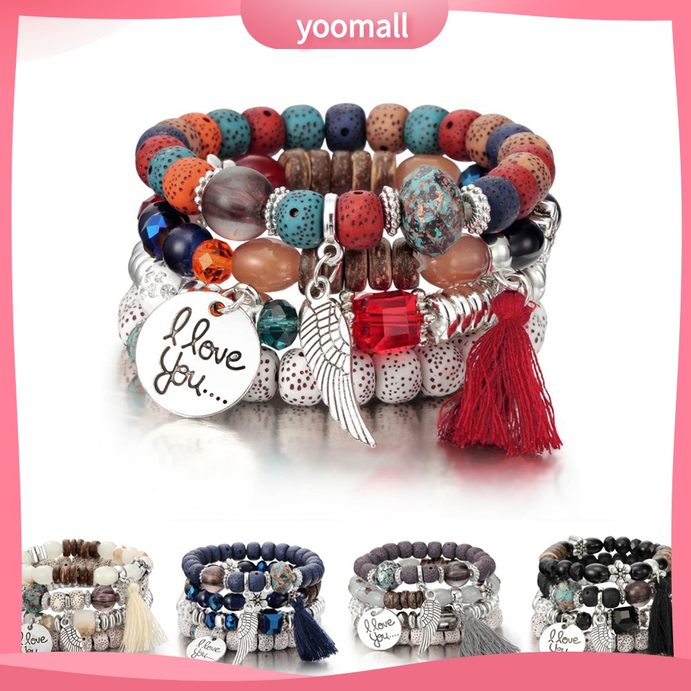 Set 4 vòng tay chuỗi hạt phong cách Bohemian cổ điển thanh lịch cho nữ