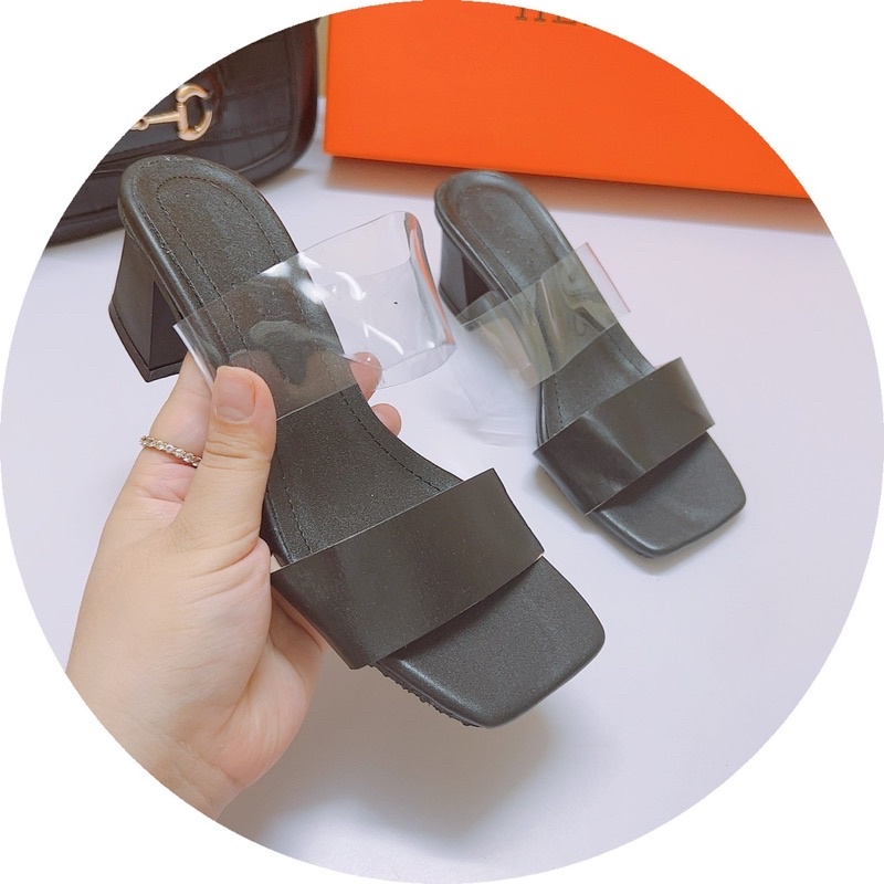 Dép cao gót nữ gót vuông 6p 2 quai (1 trong,1 da) mẫu mới