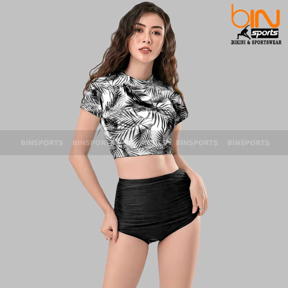 Bikini Nữ 2 Mảnh Quần Đùi Cạp Cao Aó Crop Ngắn Tay Bin Sports BHV088