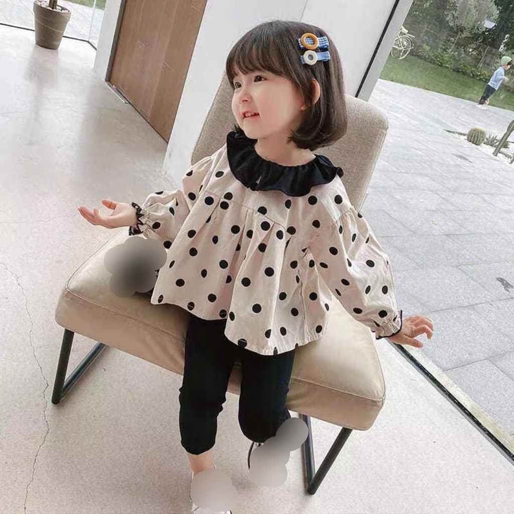 set áo chấm bi quần cúc ngọc cho bé gái