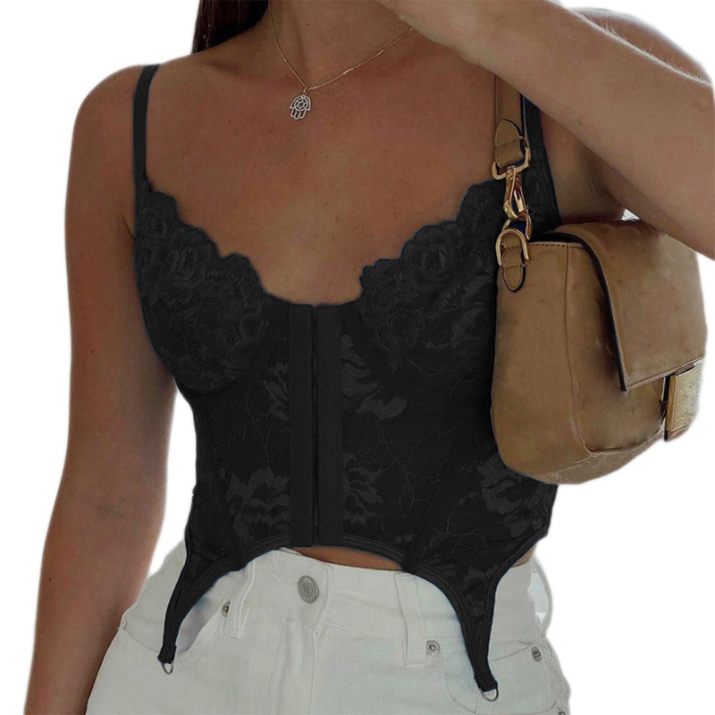 Brroa Áo Lưới Croptop Hai Dây Phối Ren Hở Lưng Gợi Cảm Cho Nữ