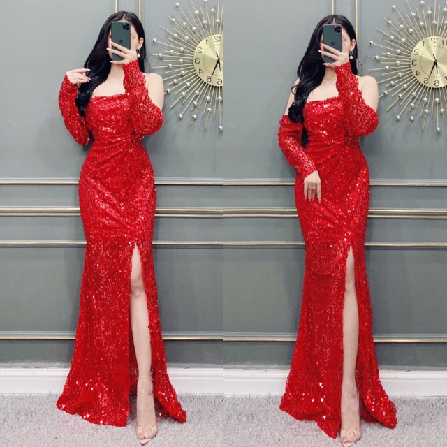 ẢNH VÀ VIDEO THẬT 1000% , đầm body kim sa rớt vai