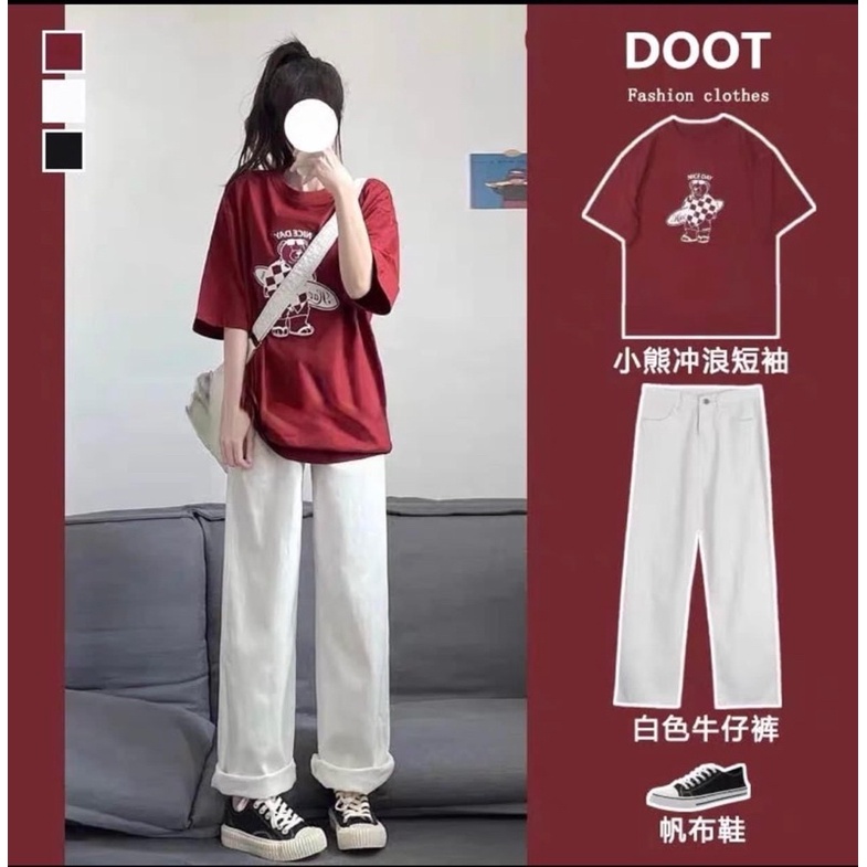 Set đồ bộ nữ,Set áo thun phông form thụng kèm quần kaki ống rộng trắng mặc đi học đi chơi đẹp