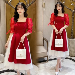 Set áo dài cách tân cổ vuông tay bồng - VBEO368