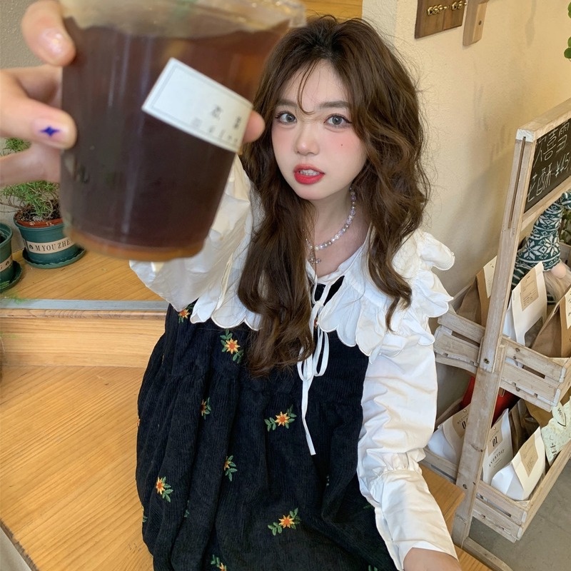 Set Đầm Hoa Và Áo Sơ Mi Cổ Búp Bê Thời Trang Nữ Tính Mới