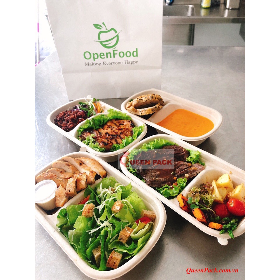 SET 50 Hôp bã mía 2 Ngăn Kèm Nắp Rời Bã Mía/Nhựa PET đựng đồ ăn dùng 1 lần, dùng cho nhà hàng quán ăn khách sạn