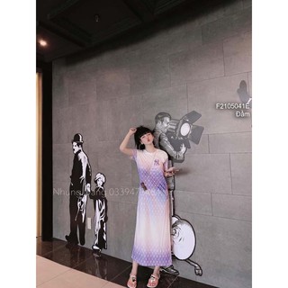 Đầm maxi thun họa tiết NY- loang màu dáng suông ngực thêu logo tay con!