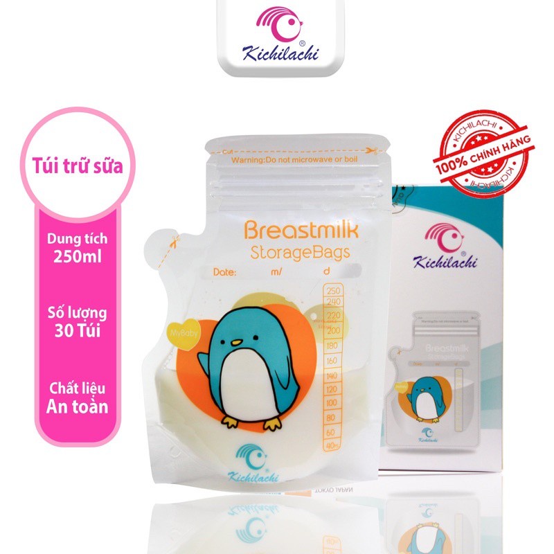 Hộp 50 túi trữ sữa mẹ 250ml Cảm ứng nhiệt hình chú Voi KICHILACHI KICHI K50 - Công Nghệ Nhât-Khoaibaby