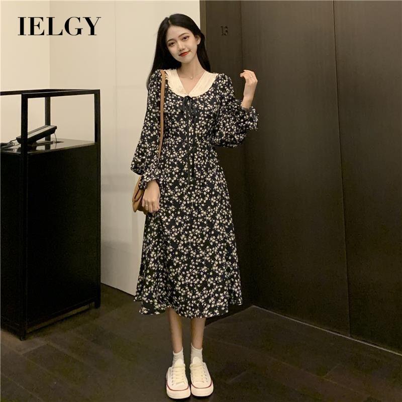 Đầm chữ a tay dài IELGY in họa tiết hoa phong cách vintage thời trang dành cho nữ