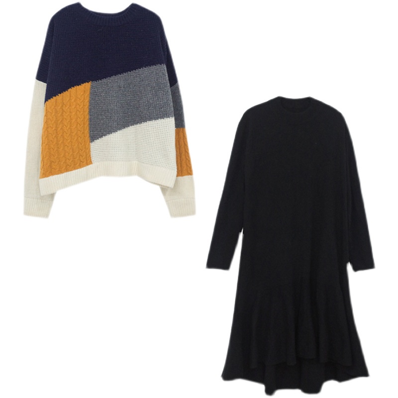 Áo len phối màu + chân váy len đuôi cá dáng dài Hàn Quốc phong cách vintage