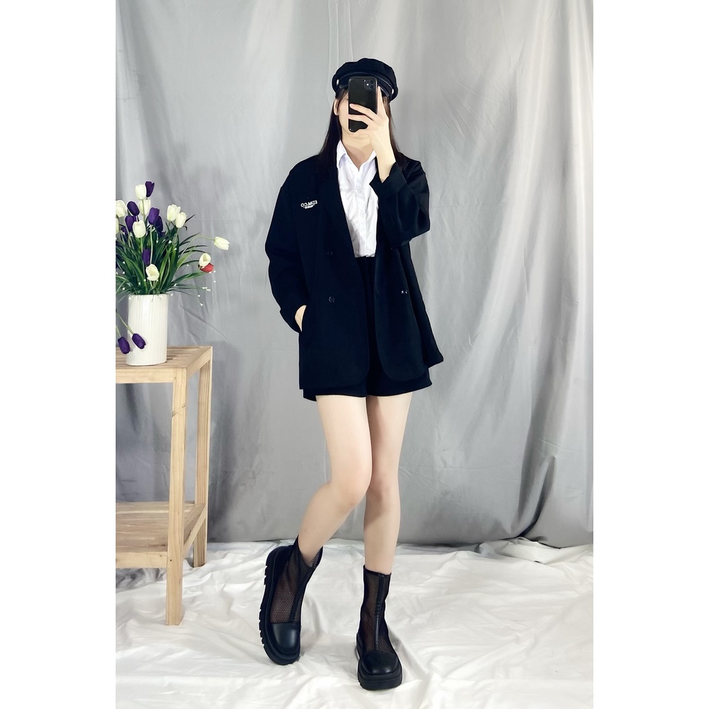 Áo Blazer Vest Nữ Khoác Ngoài Dài Tay Màu Đen,Túi Ngực Giả, Chữ Thêu EDM.CO 160819 Chất Dày Dặn Kiểu Dáng Trẻ Trung Blaz