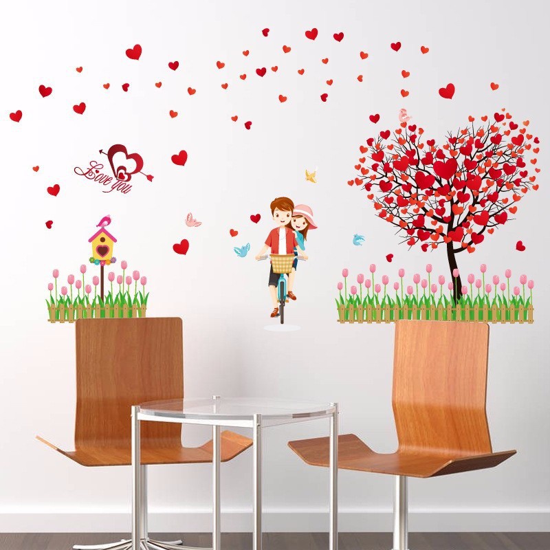 Decal dán tường tình yêu xe đạp với cây hình trái tim màu đỏ