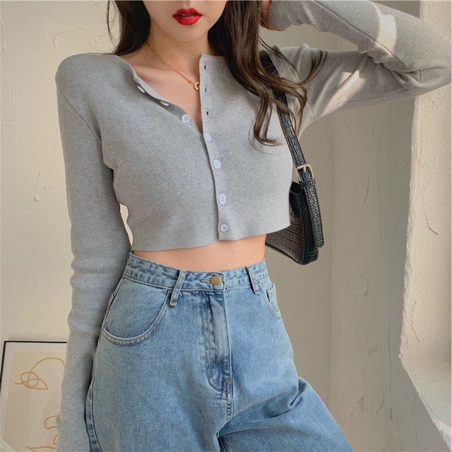 Áo Croptop Dài Tay ❤️ Áo Croptop nữ YAN len tăm nút giữa