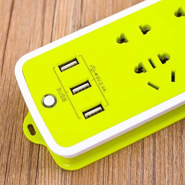 Ổ cắm điện xanh chống giật gồm 6 giắc cắm 2 chân, 3 chân, 3 cổng sạc USB tiện ích, GIẢM GIÁ SỐC